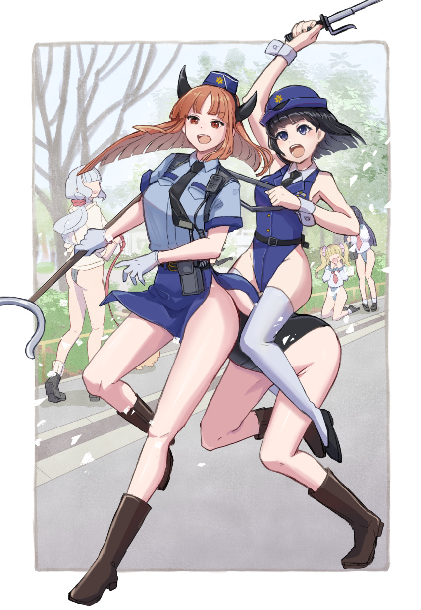 5girls arm_up bare_tree baton_(weapon) belt black_belt black_footwear black_hair black_leotard black_necktie blonde_hair blue_eyes blue_headwear blue_leotard blue_sailor_collar blue_shirt blue_skirt blunt_bangs blunt_ends boots breasts brown_eyes brown_footwear brown_hair centauroid collared_shirt commentary_request commission expandable_baton faceless faceless_female female_service_cap full_body gloves grey_hair hair_ribbon hat high_heels highres holding holding_baton_(weapon) holding_reins holding_weapon horns horseback_riding jacket knee_boots leotard long_hair long_sleeves low-tied_long_hair man_catcher medium_breasts monster_girl multiple_girls multiple_legs nakata_shizu neckerchief necktie open_mouth original parted_bangs police police_hat police_uniform policewoman red_neckerchief reins ribbon riding road running sailor_collar school_uniform serafuku shirt short_hair short_sleeves side_slit sidelocks skeb_commission skirt socks standing street sweat taur teeth thighhighs tree twintails uniform upper_teeth_only walkie-talkie weapon white_gloves white_jacket white_socks white_thighhighs wrist_cuffs