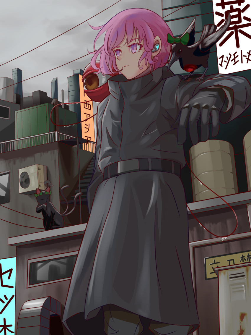 1girl absurdres alternate_costume animal_on_shoulder belt bird bird_on_shoulder black_belt black_bird black_cat black_gloves black_pants bow building cat coat earpiece eyeball fang_wenshan gloves green_bow grey_sky high_collar highres kaenbyou_rin kaenbyou_rin_(cat) komeiji_satori long_sleeves multiple_tails outdoors pants pink_eyes pink_hair reiuji_utsuho reiuji_utsuho_(bird) short_hair sky tail third_eye touhou trench_coat two_tails