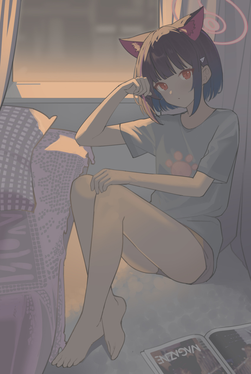 1girl absurdres animal_ears barefoot black_hair blue_archive book cat_ears closed_mouth extra_ears full_body grey_shirt grey_shorts hair_ornament hairclip halo highres indoors kazusa_(blue_archive) looking_at_viewer nagisa_(cxcx5235) open_book pink_halo red_eyes shirt short_hair short_sleeves shorts solo