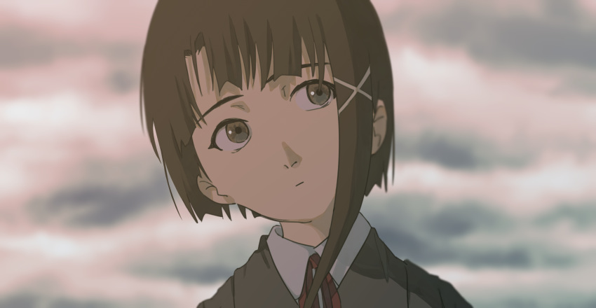 1girl asymmetrical_hair brown_eyes brown_hair brown_jacket close-up closed_mouth cloud cloudy_sky collared_shirt commentary day dress_shirt expressionless grey_sky hair_ornament head_tilt highres iwakura_lain jacket looking_afar looking_to_the_side neck_ribbon outdoors portrait red_ribbon ribbon serial_experiments_lain shirt single_sidelock sky solo tetsuya_ryou white_shirt x_hair_ornament