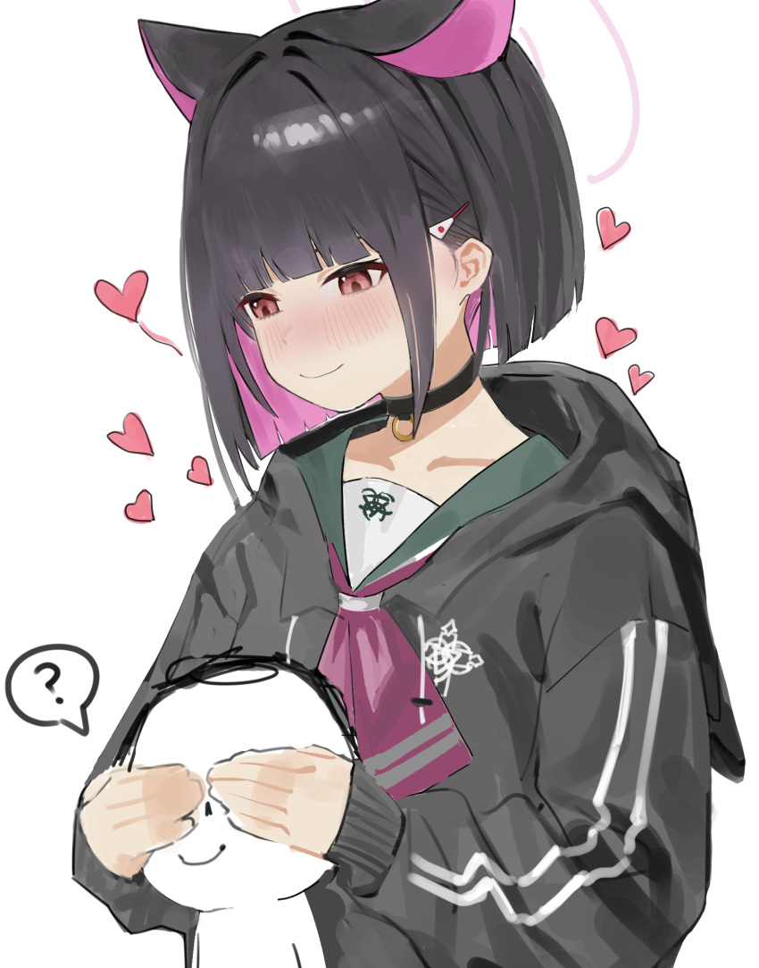 1boy 1girl ? animal_ears black_choker black_hair black_hoodie blue_archive blush cat_ears choker colored_inner_hair covering_another's_eyes doodle_sensei_(blue_archive) extra_ears green_sailor_collar hair_ornament hairclip heart highres hood hoodie kazusa_(blue_archive) lazhuzelazhuze multicolored_hair neckerchief pink_hair red_eyes red_neckerchief sailor_collar school_uniform sensei_(blue_archive) serafuku short_hair smile speech_bubble spoken_question_mark upper_body white_background