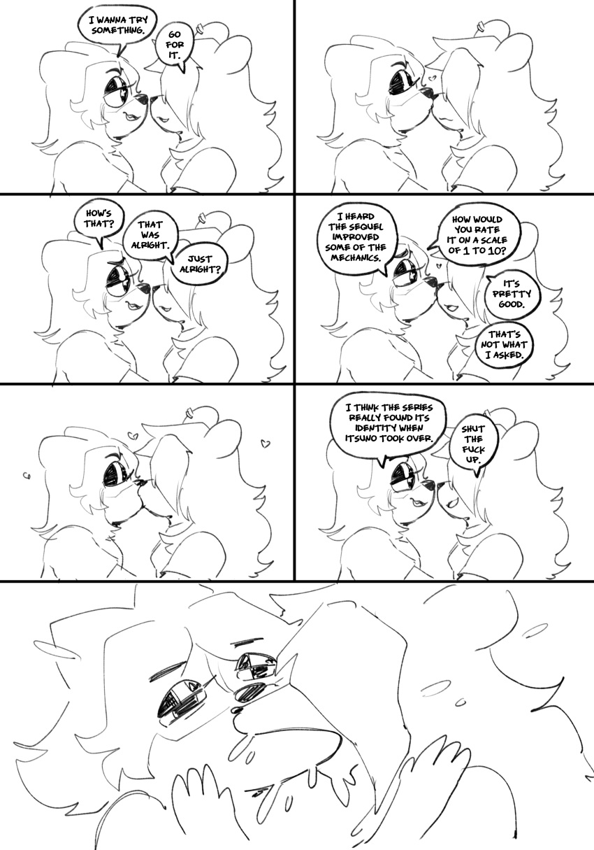 2024 absurd_res ambiguous_species anaugi anthro badger black_and_white clothed clothing comic dialogue duo ear_piercing english_text eye_contact female female/female french_kissing heart_symbol hi_res kissing looking_at_another mammal monochrome mustelid musteline nose_kiss nuggy_(anaugi) open_mouth piercing profanity shirt side_view simple_background speech_bubble star_eyes text topwear white_background