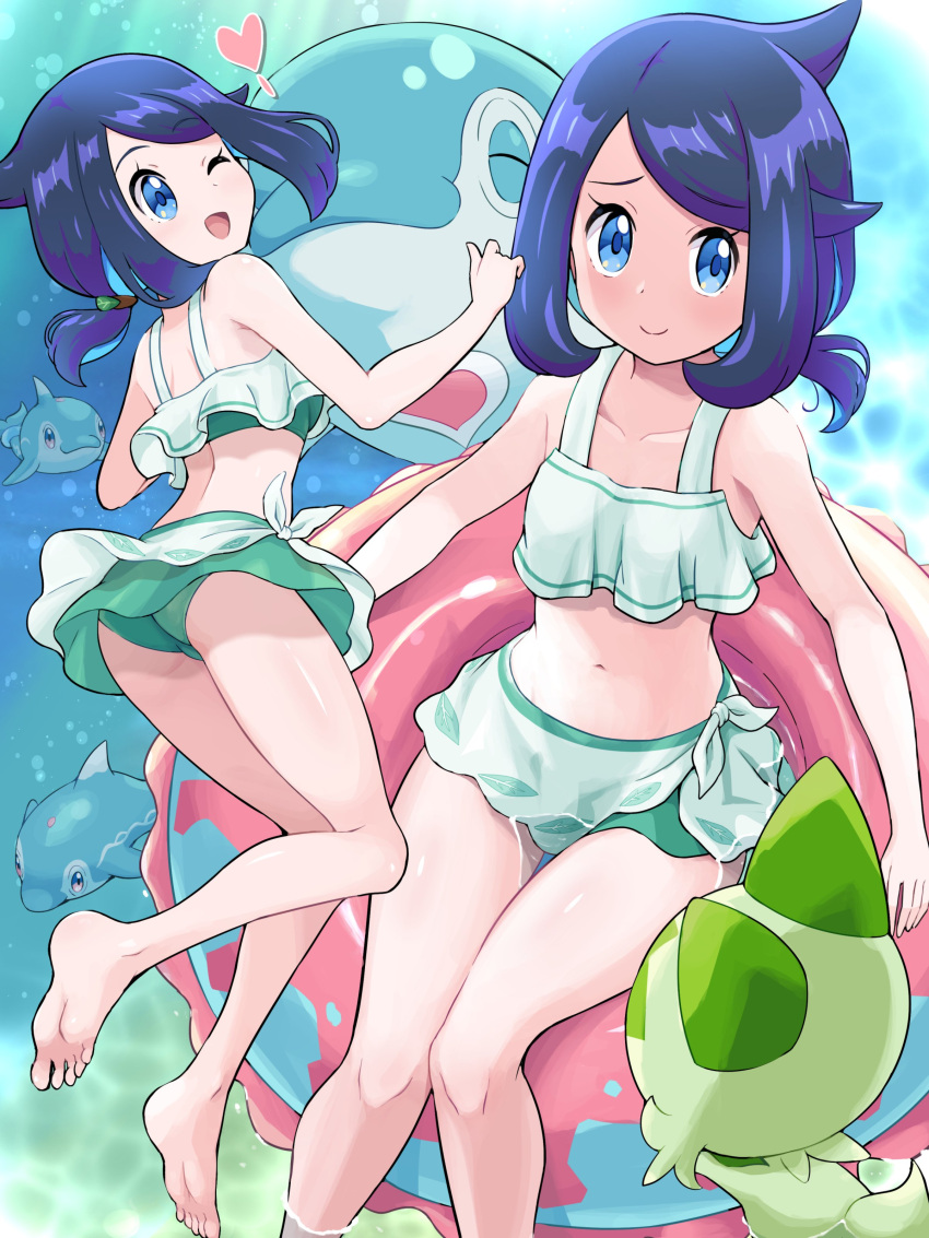 1girl ;d absurdres affectionate afloat bare_legs barefoot bikini black_hair blue_eyes closed_mouth collarbone commentary_request cowlick eyelashes green_bikini happy heart highres innertube knees liko_(pokemon) looking_up multiple_views navel one_eye_closed open_mouth palafin pokemoa pokemon pokemon_(anime) pokemon_(creature) pokemon_horizons short_ponytail smile sprigatito swim_ring swimsuit toes water