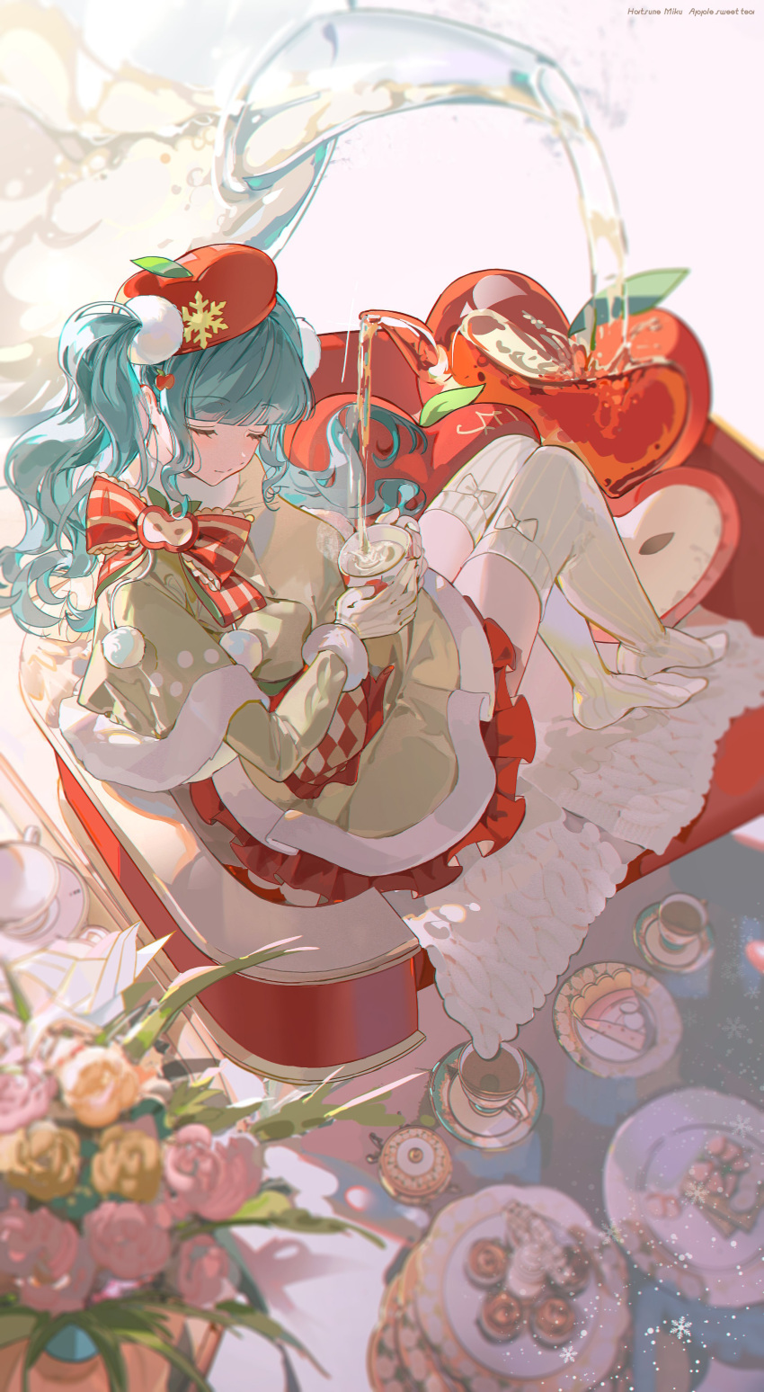 1girl absurdres beret blush cake capelet chair closed_eyes closed_mouth cup drink facing_viewer food from_side full_body fur-trimmed_capelet fur_trim grey_capelet grey_skirt hair_ornament hat hatsune_miku highres holding holding_drink layered_skirt long_hair long_sleeves mug no_shoes petticoat pom_pom_(clothes) pom_pom_hair_ornament red_headwear red_skirt ribbed_thighhighs sidelocks sitting skirt smile solo teacup thighhighs twintails vocaloid white_thighhighs z3zz4 zettai_ryouiki