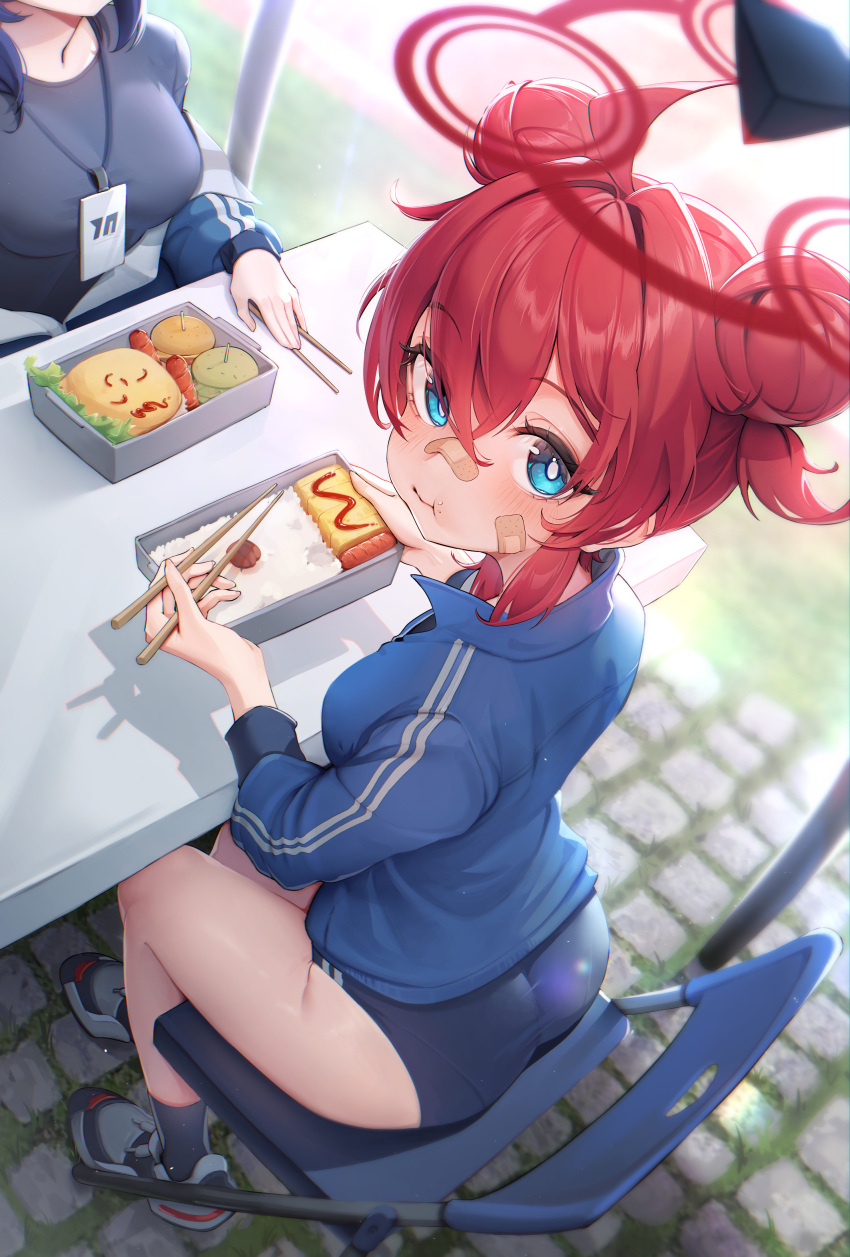 2girls :t absurdres ass bandaid bandaid_on_cheek bandaid_on_face bandaid_on_nose bento black_footwear black_socks blue_archive blue_buruma blue_eyes blue_jacket blurry blurry_background blush breasts bright_pupils burger buruma chopsticks doodle_sensei_(blue_archive) double_bun eating food food_art food_on_face from_above gym_uniform hair_between_eyes hair_bun halo head_out_of_frame highres holding holding_chopsticks id_card jacket lanyard large_breasts lettuce long_hair looking_at_viewer maki_(blue_archive) multiple_girls off_shoulder official_alternate_costume omelet on_chair open_clothes open_jacket pantylines red_hair red_halo rice sausage sensei_(blue_archive) shadow shoes sitting sneakers socks solo_focus stone_floor table tamagoyaki track_jacket turning_head v_burger103 white_pupils yuuka_(blue_archive) yuuka_(track)_(blue_archive)