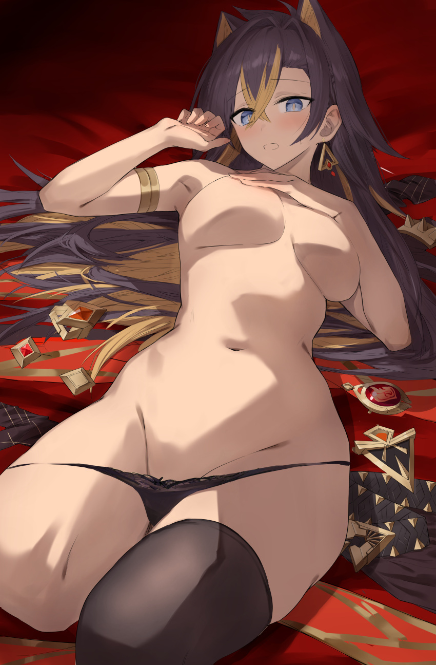 1girl absurdres akitaka_akita black_panties blonde_hair blue_eyes breasts brown_hair covering_breasts covering_privates crossed_bangs dark-skinned_female dark_skin dehya_(genshin_impact) genshin_impact hair_between_eyes hair_intakes highres large_breasts long_hair looking_at_viewer multicolored_hair panties solo streaked_hair thighs topless underwear