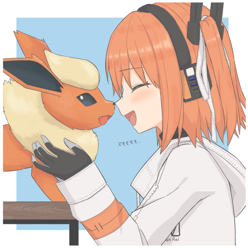 1girl a.i._voice adachi_rei anmitsu_kina blue_background border closed_eyes flareon from_side gloves grey_gloves hair_ribbon headphones highres jacket long_sleeves medium_hair noses_touching one_side_up open_mouth orange_hair outside_border pokemon profile radio_antenna ribbon smile table upper_body utau white_border white_jacket white_ribbon