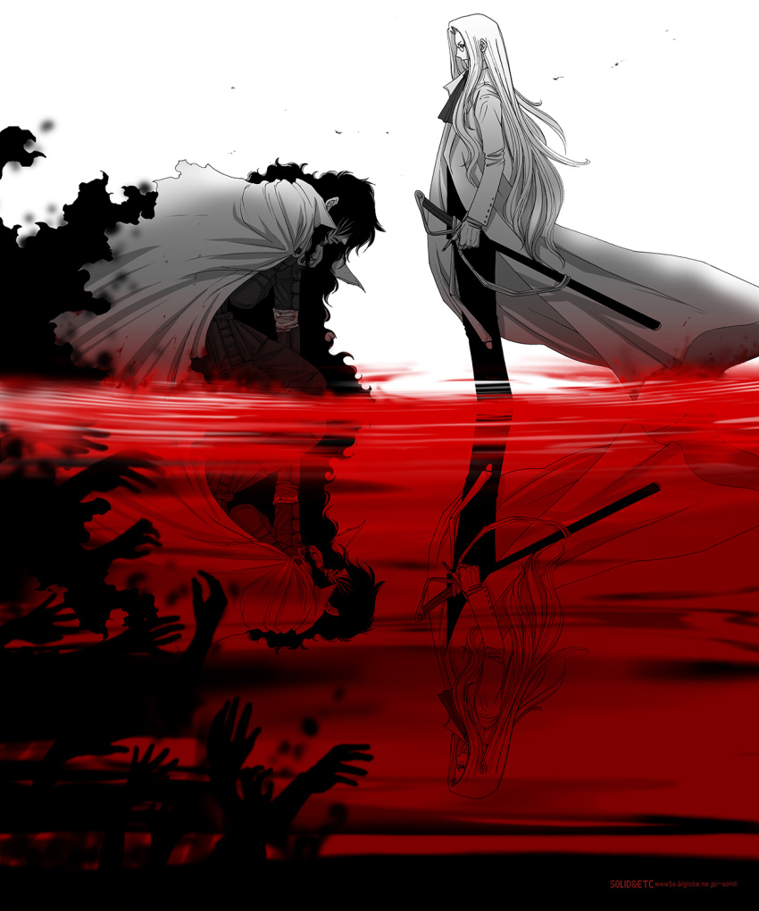 1boy 1girl alucard_(hellsing) cape different_reflection glasses gloves hellsing highres integra_hellsing kneeling long_coat long_hair partially_colored reflection sheath sheathed sword torn_cape torn_clothes toshimichi_yukari very_long_hair vlad_tepes_(hellsing) weapon