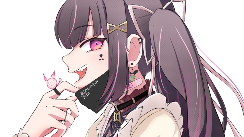 1girl bandaid bandaid_on_neck black_choker black_hair black_mask cafflin character_name choker close-up earrings facial_mark fang frills from_side hair_ornament hair_ribbon heart heart_facial_mark highres himemiya_rie jewelry long_hair mask mask_pull mouth_mask multicolored_hair open_mouth phase_connect pink_eyes pink_hair ribbon ring solo streaked_hair teeth upper_teeth_only vampire_(vocaloid) virtual_youtuber white_ribbon
