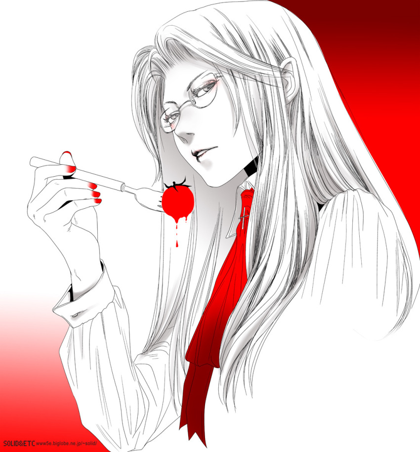 1girl artist_name ascot fork glasses gradient_background greyscale hellsing holding holding_fork integra_hellsing monochrome parted_lips profile red_ascot red_background red_nails solo spot_color tomato toshimichi_yukari upper_body web_address