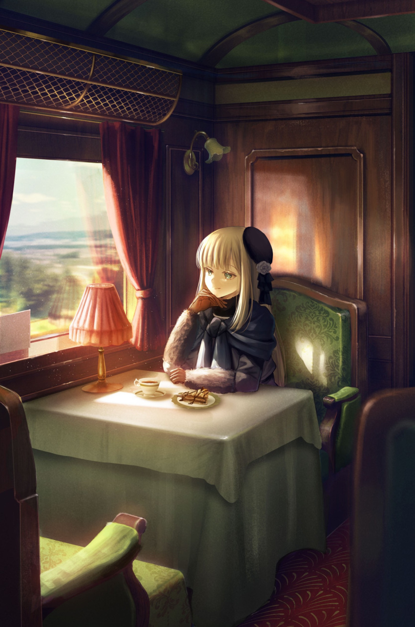 1girl absurdres asagi_futsuka black_hat blonde_hair blue_eyes booth_seating cake carpet chair cup curtains fate/grand_order fate_(series) food gloves hand_on_own_chin hat highres indoors lampshade long_hair looking_outside lord_el-melloi_ii_case_files plate reines_el-melloi_archisorte saucer sitting smile solo table teacup tilted_headwear train_interior tree window