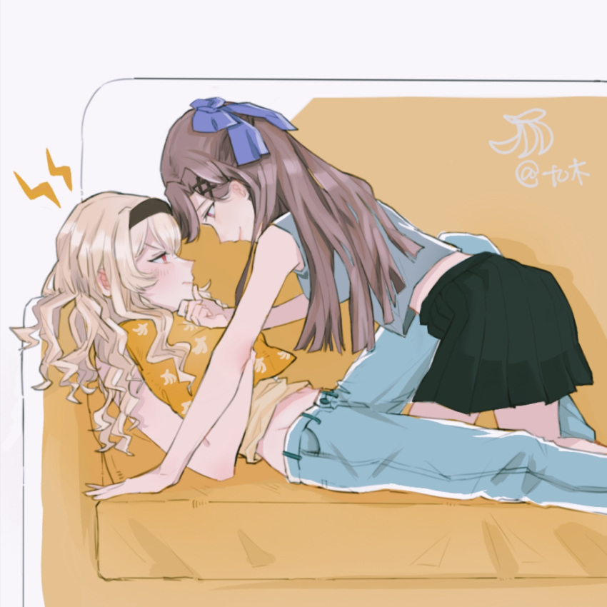 2girls bare_arms between_legs black_hairband black_skirt blonde_hair blue_pants blue_shirt blush brown_hair closed_mouth commentary_request couch cushion denim eye_contact hair_ribbon hairband hand_on_another's_chin jeans leg_between_thighs long_hair looking_at_another midriff_peek multiple_girls ninewood0628 on_couch pants pleated_skirt purple_ribbon red_eyes ribbon saijou_claudine shirt shoujo_kageki_revue_starlight skirt sleeveless sleeveless_shirt smile tendou_maya yellow_shirt yuri