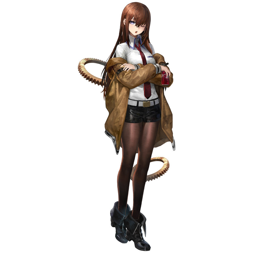 1girl belt belt_buckle black_footwear black_pantyhose black_shorts breast_pocket bright_pupils brown_hair brown_jacket buckle can crossed_arms crossed_bangs dr_pepper drink_can full_body gears girls'_frontline_neural_cloud hair_between_eyes highres holding holding_can jacket long_hair looking_at_viewer makise_kurisu necktie off_shoulder official_art one_eye_closed open_clothes open_jacket open_mouth pantyhose pantyhose_under_shorts pocket purple_eyes red_necktie shirt shorts sidelocks simple_background solo standing steins;gate tachi-e third-party_source transparent_background very_long_hair white_belt white_shirt
