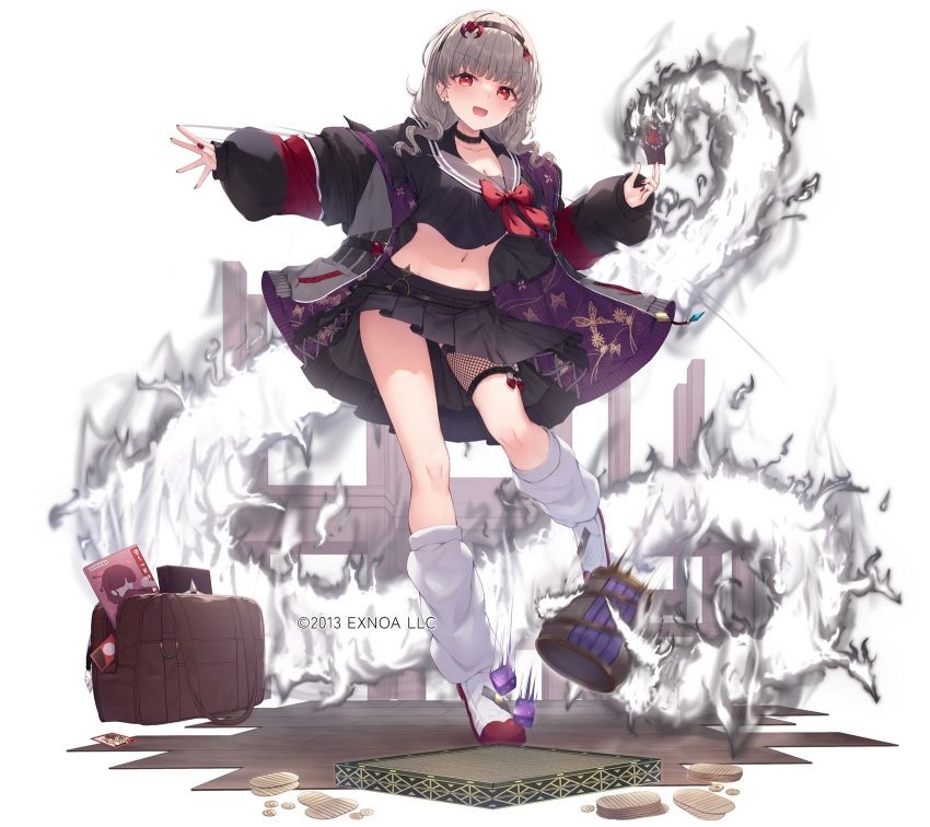 1girl :d bag black_choker black_hairband black_sailor_collar black_serafuku black_shirt black_skirt blush bow breasts character_request choker grey_hair grey_jacket hairband hand_up highres jacket long_hair long_sleeves looking_at_viewer loose_socks medium_breasts nail_polish navel official_art open_clothes open_jacket pleated_skirt puffy_long_sleeves puffy_sleeves red_bow red_eyes red_nails sailor_collar school_bag school_uniform sennen_sensou_aigis serafuku shirt shirt_overhang shoes simple_background skirt sleeves_past_wrists smile socks solo stomach tsuchikure v-shaped_eyebrows white_background white_footwear white_socks