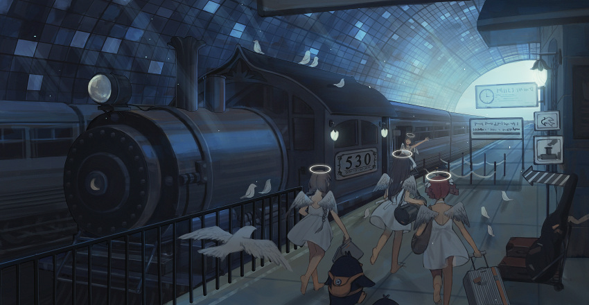 4girls absurdres angel angel_wings arm_up arrow_(symbol) backpack bag bare_arms bare_shoulders barefoot bird black_hair braid brown_hair chinese_commentary commentary_request dress feathered_wings halo highres holding holding_suitcase kimonogo locomotive long_hair multiple_girls original penguin railing red_hair scenery short_hair sign stanchion steam_locomotive suitcase sundress train_station tunnel twin_braids walking waving white_bird white_dress white_wings wide_shot wings