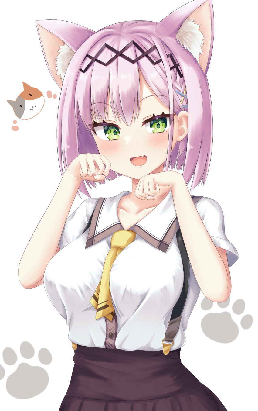 1girl :d animal_ear_fluff between_breasts black_hairband blunt_ends blush bob_cut breasts brown_skirt collarbone collared_shirt commentary eyelashes fang green_eyes hair_behind_ear hair_between_eyes hair_ornament hairband hairclip hands_up happy high-waist_skirt highres kemonomimi_mode large_breasts looking_at_viewer necktie necktie_between_breasts open_mouth paw_pose paw_print pink_hair school_uniform shirt short_hair short_necktie short_sleeves simple_background skin_fang skirt smile solo sparkling_eyes straight_hair suspender_skirt suspenders tanikaze_amane tenshi_souzou_re-boot! tsurime upper_body white_background white_shirt x_hair_ornament yellow_necktie yuunagi_(yunagi1373)