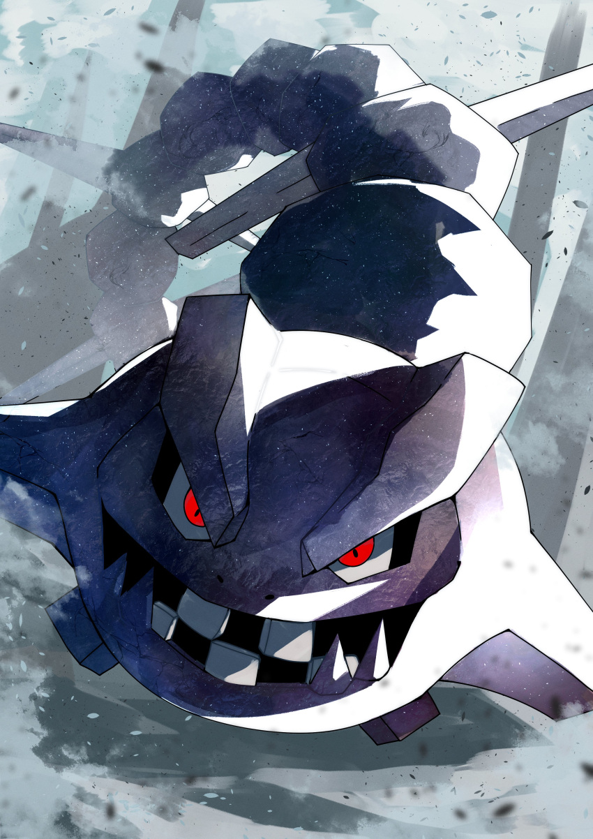 absurdres commentary debris dust_cloud highres looking_at_viewer motion_blur no_humans pokemon pokemon_(creature) red_eyes sharp_teeth sidelighting smile steelix teeth zeroartwo