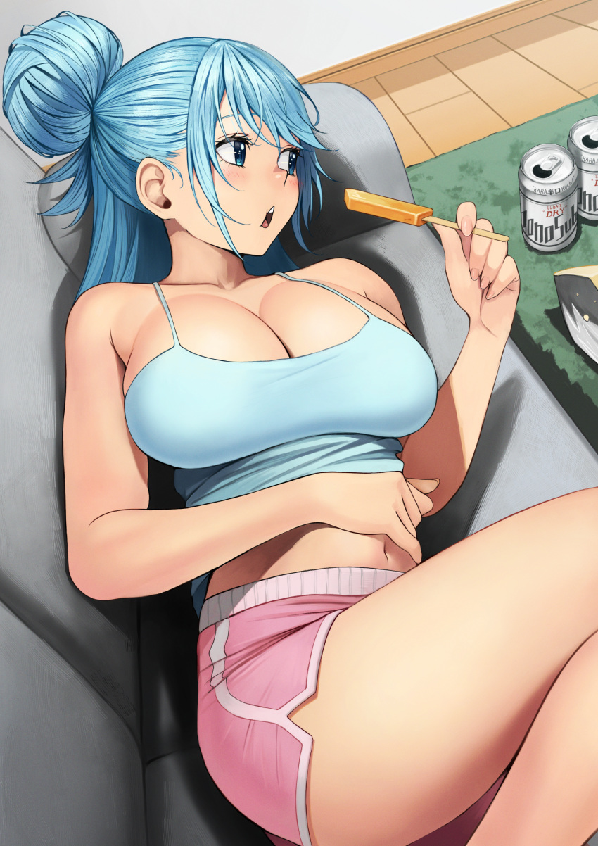 1girl alternate_costume aqua_(konosuba) bag_of_chips beer_can blue_camisole blue_eyes blue_hair breasts camisole can cleavage collarbone commentary_request commission couch dolphin_shorts drink_can fingernails food highres holding holding_food holding_ice_cream ice_cream ice_cream_bar izawa_(bhive003) kono_subarashii_sekai_ni_shukufuku_wo! large_breasts long_hair looking_to_the_side lying midriff navel on_couch open_mouth pink_shorts revision short_shorts shorts skeb_commission solo