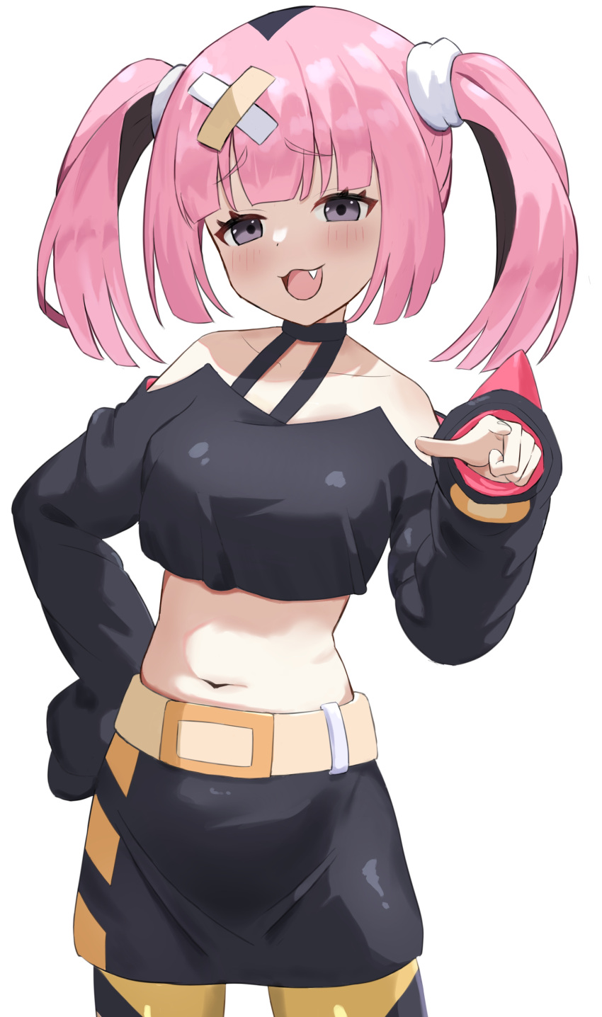 1girl absurdres belt black_hair black_skirt blush coral_(pokemon) fangs hair_ornament hand_on_own_hip highres long_sleeves looking_at_viewer midriff mugi_makura multicolored_hair navel pink_hair pointing pointing_at_viewer pokemon pokemon_(anime) pokemon_horizons purple_eyes simple_background skirt solo standing twintails two-tone_hair white_background x_hair_ornament