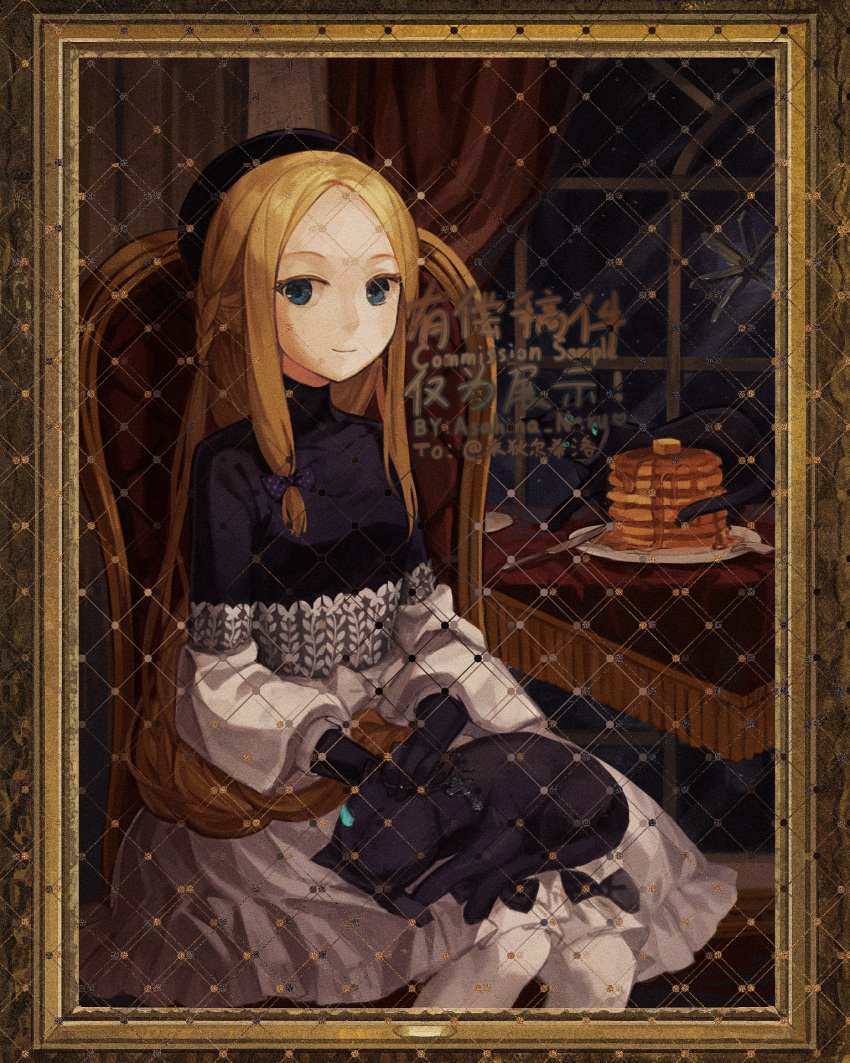 1girl abigail_williams_(event_portrait)_(fate) abigail_williams_(fate) animal_on_lap artist_name black_bow black_cat black_hat black_shirt blonde_hair blue_eyes bodystocking bow braid braided_ponytail breasts cat cat_on_lap commission dress dress_bow fate/grand_order fate_(series) food forehead grey_dress hair_bow hat highres long_hair long_sleeves looking_at_viewer off_shoulder on_chair on_lap pancake pancake_stack pantyhose parted_bangs picture_frame plate red_curtains ryuh_(asahina_neru) shirt sidelocks sitting small_breasts smile solo syrup very_long_hair window