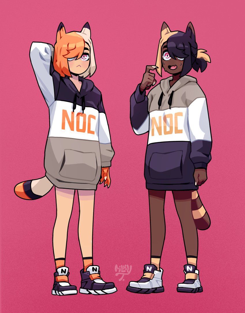 2girls absurdres animal_ears cat_ears dark-skinned_female dark_skin highres hood hoodie milkytiddyboy multiple_girls original raccoon_tail shoes sneakers tagme tail