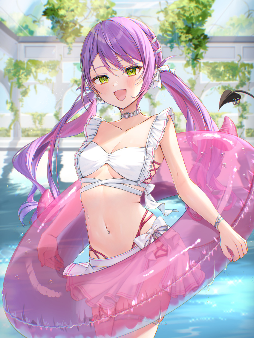 1girl :d absurdres belt_collar bikini bikini_skirt blurry blurry_background blush bow breasts collar collarbone cowboy_shot demon_girl demon_tail ear_piercing earrings green_eyes hair_bow hair_ornament highres holding holding_swim_ring hololive jewelry long_hair looking_at_viewer navel navel_piercing open_mouth piercing pink_innertube pleated_skirt pool purple_hair runlan_0329 see-through skirt small_breasts smile solo swim_ring swimsuit tail tail_ornament tail_ring tokoyami_towa transparent_innertube twintails virtual_youtuber white_bikini white_bow white_skirt