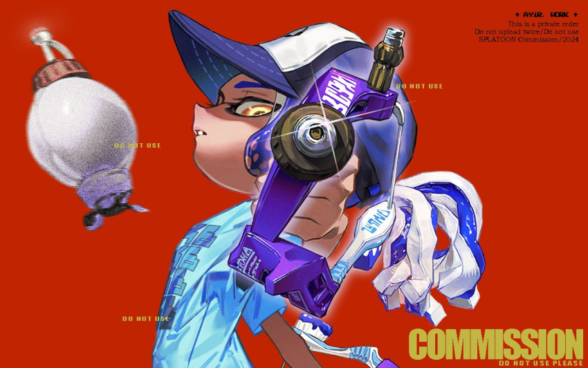1boy aiming aiming_at_viewer ange-yi baseball_cap blue_hair blue_shirt commentary commission dapple_dualies_(splatoon) glint gun hat holding holding_gun holding_weapon inkling inkling_boy inkling_player_character male_focus medium_hair open_mouth ponytail print_shirt red_background shirt simple_background solo splatoon_(series) splatoon_3 symbol-only_commentary tentacle_hair torpedo_(splatoon) upper_body watermark weapon yellow_eyes