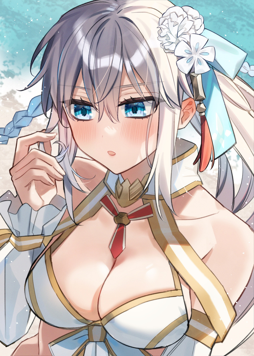 1girl absurdres aidama_0324 beach bikini blue_eyes blue_ribbon blush breasts cleavage commentary_request detached_sleeves fate/grand_order fate_(series) gold_trim hair_between_eyes hair_ribbon highres large_breasts long_hair morgan_le_fay_(fate) morgan_le_fay_(water_princess)_(fate) ponytail ribbon sand sidelocks solo swimsuit very_long_hair water white_bikini