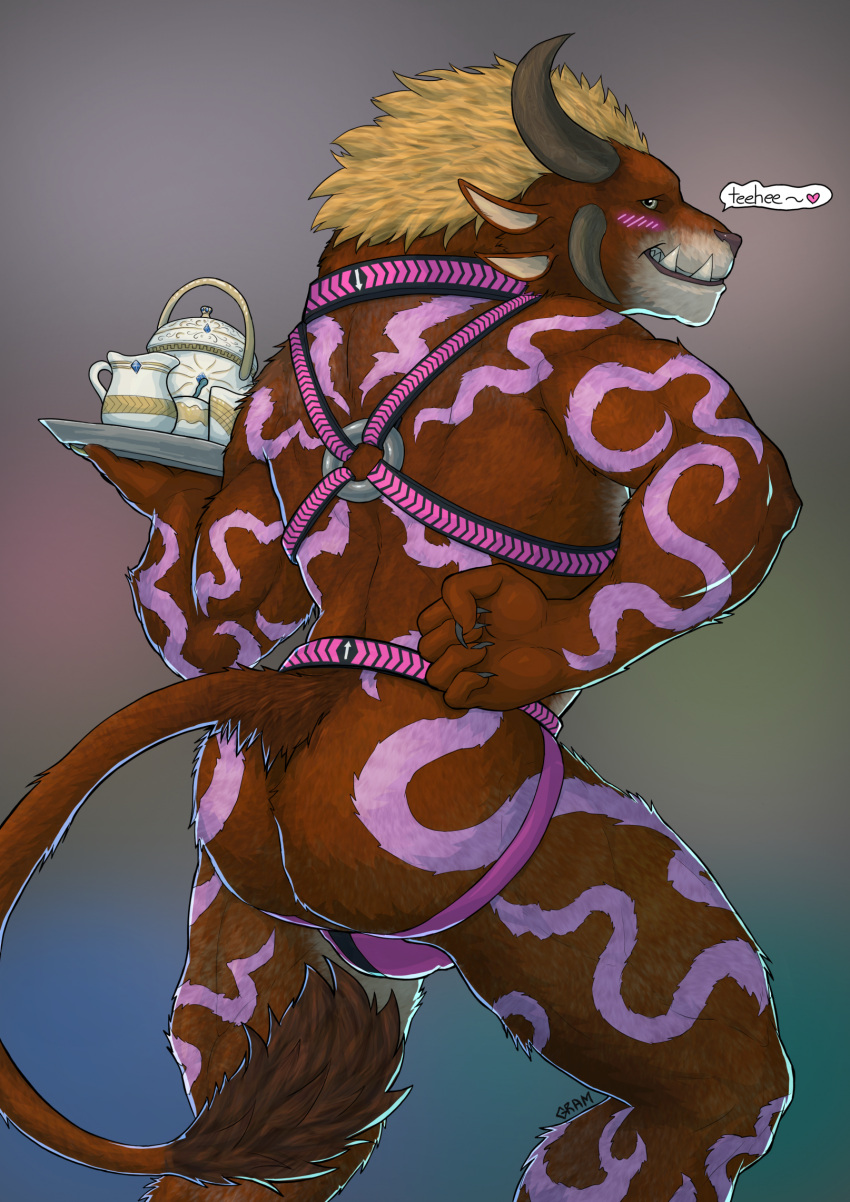 anthro beverage butt charr clothing exhibitionism felid fur_pattern gramworks guild_wars harness hi_res jockstrap male mammal milo_goldenheart pinup pose raised_tail serving_beverage solo tail tea teasing underwear