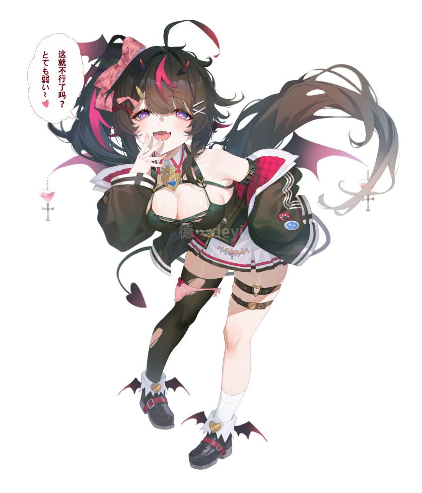 1girl absurdres ahoge artist_name asymmetrical_legwear bare_shoulders black_footwear black_jacket black_thighhighs bow breasts brown_hair cleavage clothes_pin cross de_yi demon_girl demon_tail foot_wings full_body hair_bow hair_ornament hand_to_own_mouth hand_up heart heart-shaped_pupils highres horns jacket large_breasts leaning_forward long_hair long_sleeves looking_at_viewer miniskirt mismatched_legwear multicolored_hair off_shoulder open_clothes open_mouth original pink_bow purple_eyes side_ponytail simple_background single_thighhigh skirt socks solo standing streaked_hair symbol-shaped_pupils tail thigh_strap thighhighs torn_clothes torn_thighhighs translation_request uneven_legwear very_long_hair white_background white_socks wings x_hair_ornament