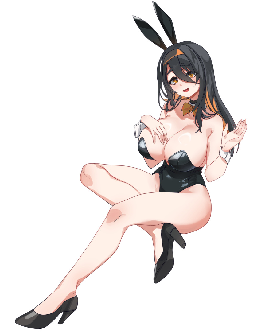 1girl absurdres animal_ears aningay bare_shoulders black_footwear black_hair black_leotard bow breasts brown_bow cleavage copyright_request fake_animal_ears full_body hands_up high_heels highres large_breasts leotard long_hair multicolored_hair orange_eyes orange_hair playboy_bunny rabbit_ears shoe_soles shoes simple_background solo strapless strapless_leotard two-tone_hair very_long_hair white_background wrist_cuffs