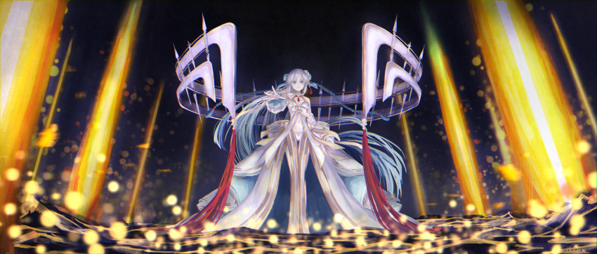 1girl absurdres bare_shoulders bikini blue_eyes braid breasts cleavage detached_sleeves fate/grand_order fate_(series) flower french_braid gold_trim hair_flower hair_ornament hair_ribbon highres large_breasts long_hair long_sleeves looking_at_viewer morgan_le_fay_(fate) morgan_le_fay_(water_princess)_(fate) ponytail puffy_long_sleeves puffy_sleeves red_brooch red_tassel ribbon shitodo_mi sidelocks solo stomach_tattoo swimsuit tattoo very_long_hair white_bikini white_hair wide_brim