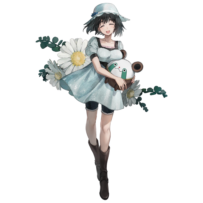 1girl :d ^_^ black_hair blue_dress blue_hair blush boots brown_footwear closed_eyes collarbone denim denim_shorts dress facing_viewer flower full_body girls'_frontline_neural_cloud hair_ribbon highres holding holding_toy leaf looking_at_viewer official_art puffy_short_sleeves puffy_sleeves ribbon shiina_mayuri short_hair short_sleeves shorts shorts_under_dress simple_background smile solo standing steins;gate tachi-e third-party_source toy transparent_background upa_(steins;gate) white_flower white_ribbon