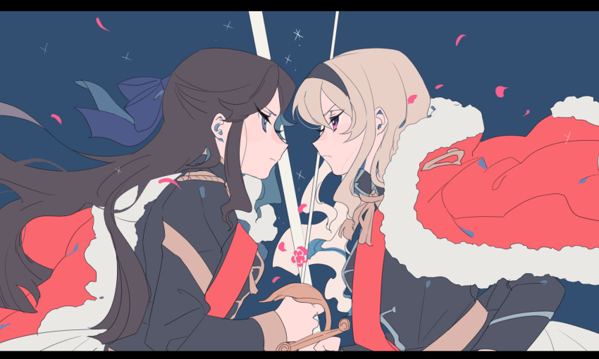 2girls black_hairband black_jacket blonde_hair blue_background brown_hair closed_mouth commentary_request epaulettes eye_contact falling_petals frown fur-trimmed_jacket fur_trim hair_ribbon hairband holding holding_sword holding_weapon jacket letterboxed long_hair looking_at_another multiple_girls petals pink_eyes purple_eyes purple_ribbon red_jacket red_sash ribbon roneco saijou_claudine sash shoujo_kageki_revue_starlight sword tendou_maya upper_body weapon