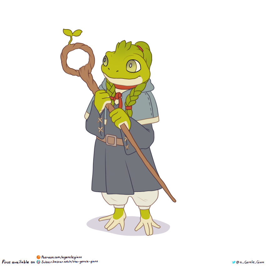 amphibian anthro clothing delicious_in_dungeon female frog green_body green_eyes hi_res magician marcille_donato robe solo staff the_gentle_giant