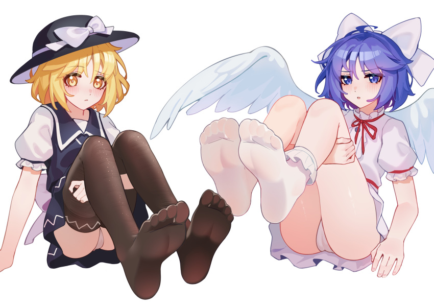 :o absurdres ahoge ailu_elf angel_wings black_skirt black_thighhighs black_vest blonde_hair blue_eyes blue_hair blush bobby_socks bow commentary_request embarrassed feathers fedora hair_bow hat hat_bow highres mai_(touhou) messy_hair neck_ribbon panties parted_lips puffy_short_sleeves puffy_sleeves red_ribbon ribbon shirt short_hair short_sleeves simple_background sitting skirt skirt_set socks soles thighhighs toes touhou touhou_(pc-98) undershirt underwear vest waist_bow white_background white_bow white_panties white_shirt white_skirt white_socks white_wings wings yellow_eyes yuki_(touhou)