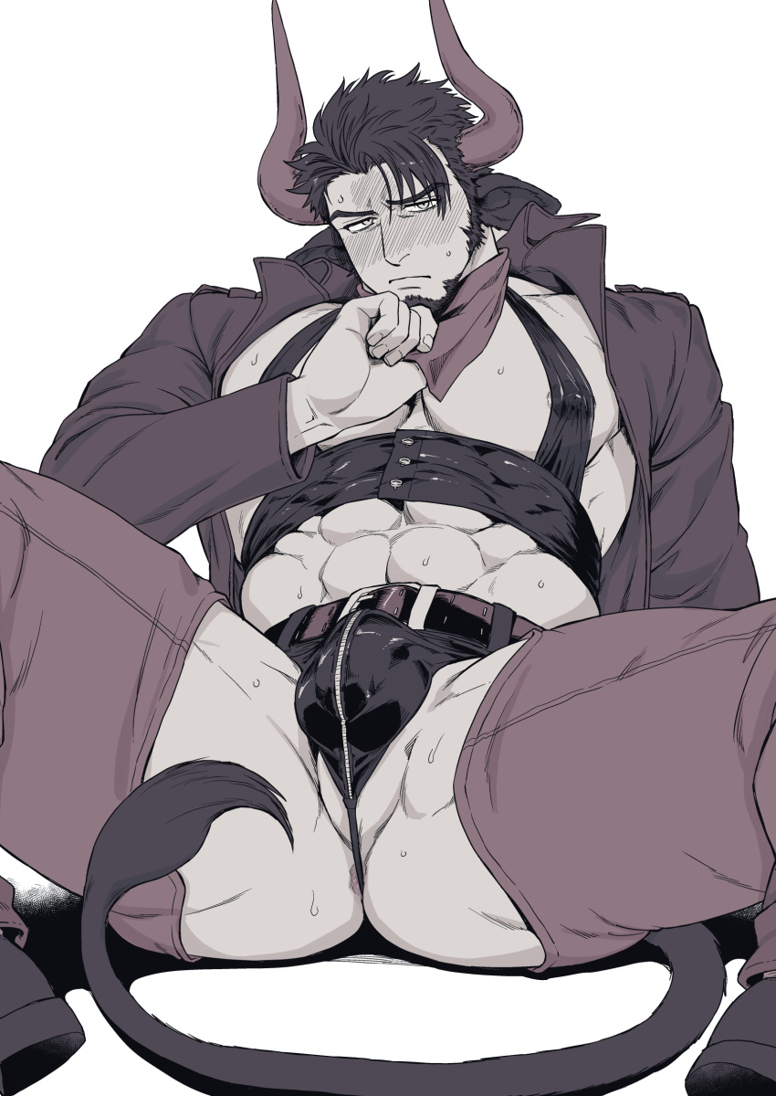 1boy abs absurdres animal_ears anus ass bara beard belt black_hair blush bulge cow_ears crotchless crotchless_pants facial_hair greyscale highres horns huge_ass jacket large_pectorals leather leather_belt leather_underwear male_focus male_swimwear manly mature_male monochrome muscular muscular_male nipples open_clothes open_jacket original pants pectorals puffy_nipples scarf short_hair simple_background solo spiked_hair spread_legs sweat sweatdrop swim_briefs tail thick_eyebrows thick_thighs thighs white_background yomotsuki_road zipper