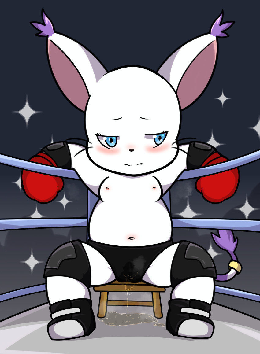 absurd_res anonymous_artist bandai_namco blush bodily_fluids boxing_gloves clothed clothing digimon digimon_(species) female fighting_ring gatomon genital_fluids handwear hi_res nipples peeing slightly_chubby solo topless urine wetting wetting_bottomwear