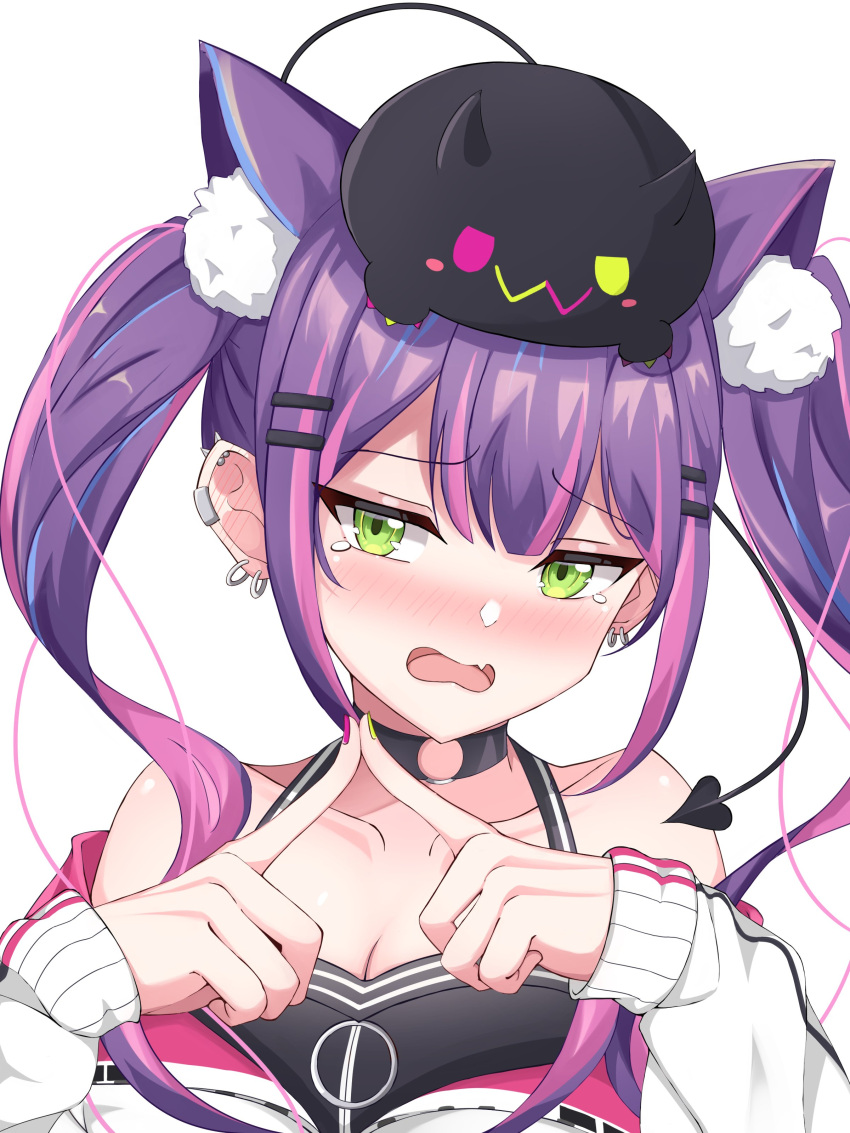 1girl absurdres animal_ears bibi_(tokoyami_towa) black_choker black_tank_top blush breasts cat_ears choker cleavage collar collarbone cropped_jacket crying crying_with_eyes_open demon_girl demon_tail double_side_ponytail earrings fang finger_touching green_eyes hair_ornament hairclip hashira_14 highres hololive jacket jewelry medium_breasts multicolored_hair multicolored_nails o-ring o-ring_choker off_shoulder purple_hair shoulder_blush streaked_hair striped_clothes tail tank_top tears tokoyami_towa tokoyami_towa_(1st_costume) virtual_youtuber white_jacket