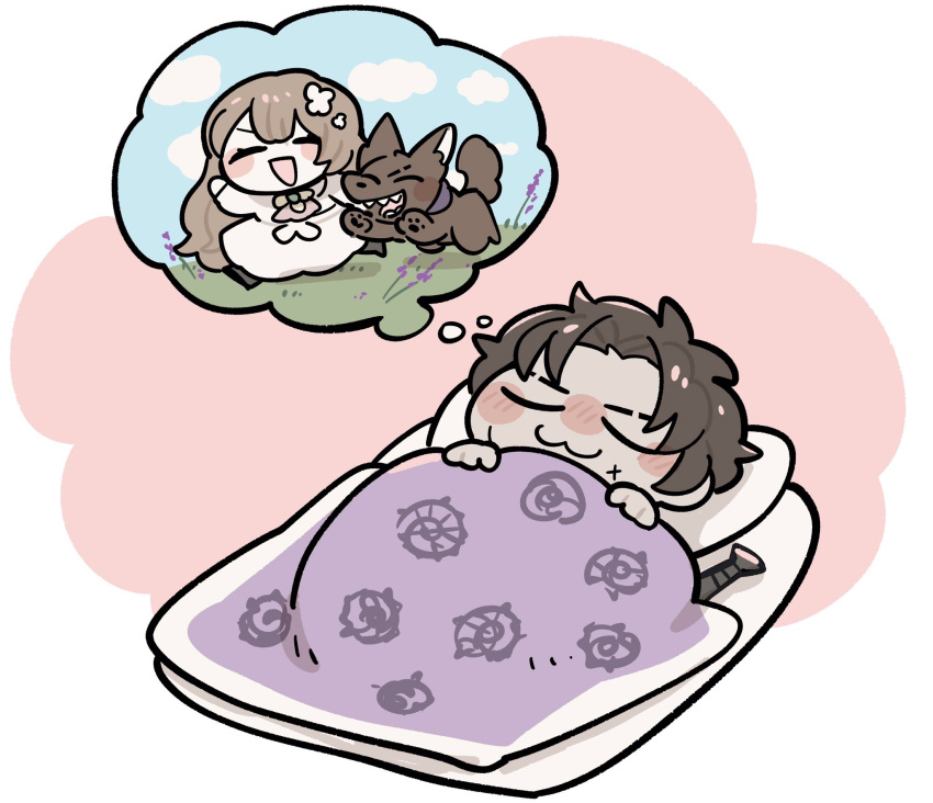 1boy 1girl :3 :d baseball_bat blanket brown_hair catherine_(project_moon) chibi collar dog dreaming dress flower futon heathcliff_(project_moon) highres kojocho05 limbus_company long_hair pillow project_moon purple_collar purple_flower scar scar_on_face short_hair sleeping smile thought_bubble under_covers white_dress