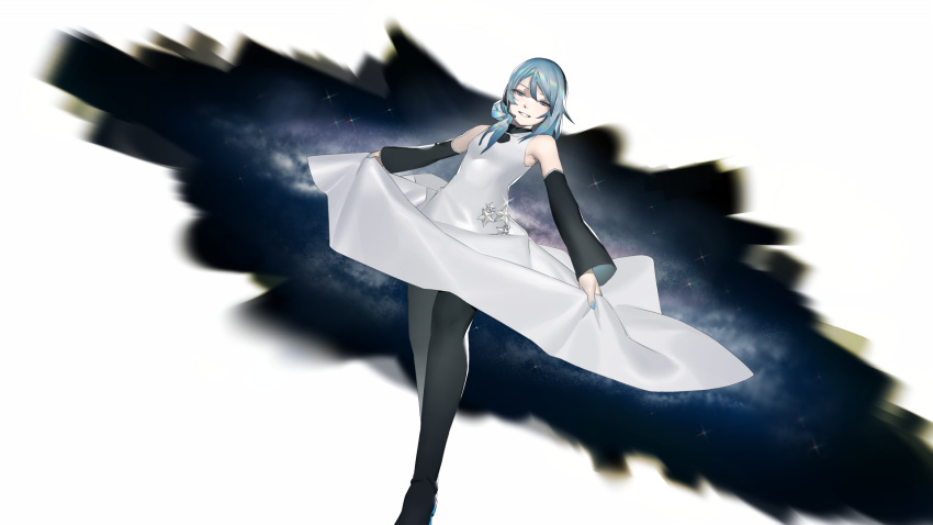 1girl adapted_costume bare_shoulders black_pantyhose black_sleeves blue_eyes blue_hair border breasts circle_skirt detached_sleeves dress full_body galaxy grin hair_bun hair_over_shoulder half-closed_eyes headset highres long_hair long_sleeves looking_at_viewer medium_breasts mi8pq milky_way outside_border pantyhose single_side_bun skirt_hold sleeveless sleeveless_dress smile solo star_(sky) star_(symbol) utau white_border white_dress yurika_sayu