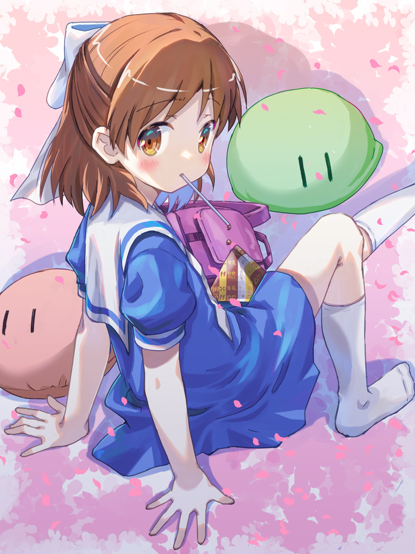 1girl akayama_yukihe arm_support backpack bag blue_dress blush brown_eyes brown_hair child clannad commentary_request dango_daikazoku dress drop_shadow falling_petals foot_out_of_frame from_side hair_ribbon half_updo highres kindergarten_uniform knee_up kneehighs medium_hair no_shoes okazaki_ushio petals pink_background pink_bag puffy_short_sleeves puffy_sleeves ribbon sailor_collar sailor_dress short_dress short_sleeves simple_background sitting socks solo tareme white_ribbon white_sailor_collar white_socks |_|