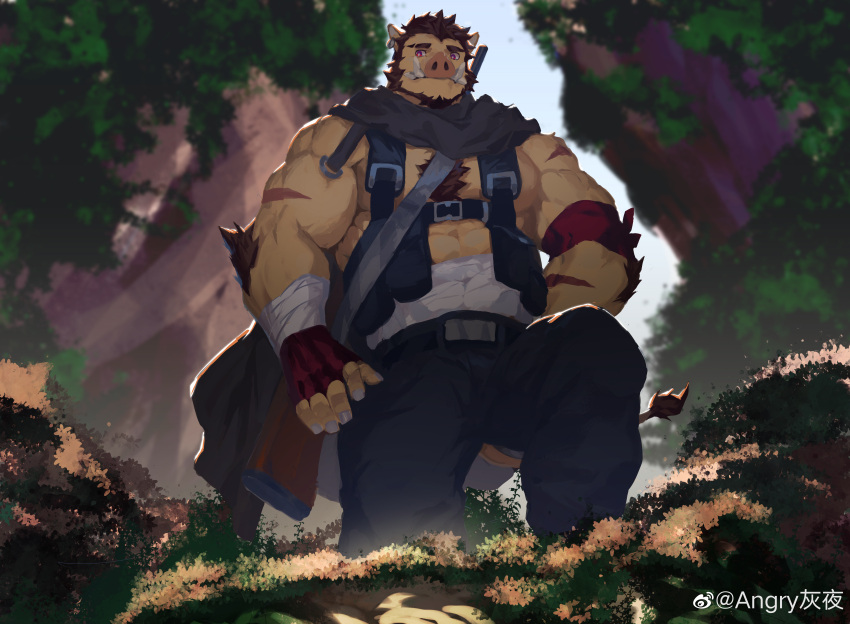 1boy absurdres angryhuiye animal_ears bara beard biceps boar_boy boar_ears boar_tail bright_pupils brown_fur brown_hair chest_tuft cloak facial_hair forest full_beard full_body highres large_pectorals male_focus mature_male midriff_sarashi muscular muscular_male nature original pants pectorals red_eyes sarashi scar short_hair sidepec solo standing strongman_waist thick_eyebrows tusks