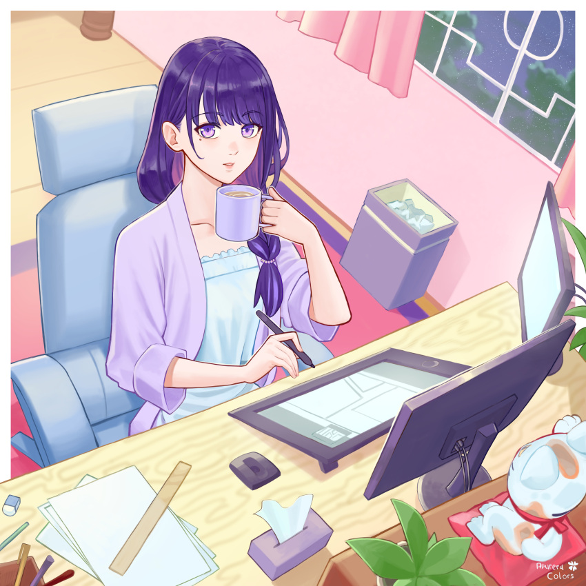 1girl absurdres afureru_colors artist_name braid camisole chair cup genshin_impact hair_over_shoulder highres holding holding_cup holding_pen indoors jacket mole mole_under_eye monitor parted_lips pen purple_eyes purple_hair purple_jacket raiden_shogun single_braid solo trash_can white_camisole window