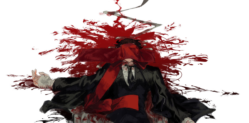 1boy absurdres bandaged_arm bandages black_coat black_jacket black_necktie black_suit blood blood_on_clothes blood_splatter brown_hair bungou_stray_dogs cloth coat coat_on_shoulders collared_shirt commentary covered_face dazai_osamu_(bungou_stray_dogs) death english_commentary facing_viewer highres jacket long_sleeves lying male_focus necktie noroinoenojin on_back outstretched_arm shirt short_hair simple_background solo suit suit_jacket upper_body white_background white_shirt