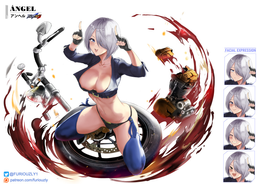 absurdres angel_(kof) azur_lane boots bra breasts chaps cowboy_boots cropped_jacket derivative_work finger_horns fingerless_gloves furiouzly gloves hair_over_one_eye highres index_fingers_raised jacket kofji_(cookie) large_breasts leather leather_jacket snk strapless strapless_bra the_king_of_fighters toned underwear white_hair