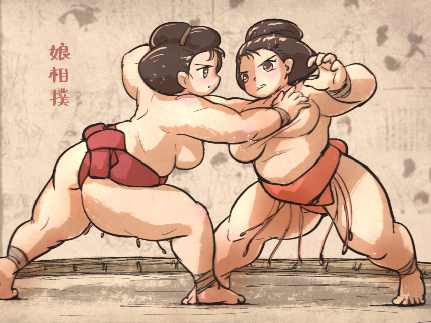 bandages breasts brown_eyes brown_hair highres ironlily japanese_clothes large_breasts loincloth multiple_girls muscular muscular_female serious sumo topknot wrestling wrestling_ring