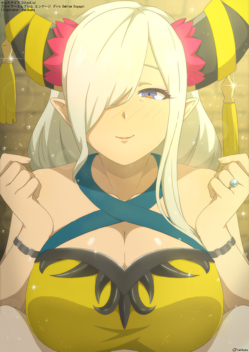 1girl asymmetrical_horns bare_shoulders breasts cleavage dark-skinned_female dark_skin dragon_girl fire_emblem fire_emblem_engage hair_ornament hair_over_one_eye highres horns imminent_paizuri jewelry large_breasts long_hair looking_at_viewer mature_female pointy_ears pov pov_crotch ring smile solo solo_focus tak0baka tassel tassel_hair_ornament uneven_horns very_long_hair wedding_ring white_hair zelestia_(fire_emblem)