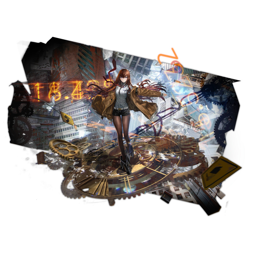 1boy 1girl black_footwear black_pantyhose black_shorts bright_pupils broken_glass brown_hair brown_jacket building closed_mouth floating_hair floating_neckwear full_body gears girls'_frontline_neural_cloud glass hair_between_eyes hair_spread_out highres jacket lab_coat long_hair looking_at_viewer makise_kurisu necktie nixie_tube off_shoulder official_art okabe_rintarou open_clothes open_jacket pantyhose pantyhose_under_shorts purple_eyes red_necktie road_sign shirt shorts sidelocks sign solo_focus standing steins;gate third-party_source transparent_background very_long_hair white_shirt