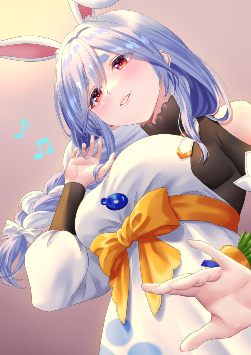 1girl absurdres animal_ears black_bodysuit blue_hair bodysuit bow braid breasts carrot dress eyelashes hair_bow highres hololive large_breasts long_braid long_hair mary_is_mine mature_female multicolored_hair musical_note orange_bow orange_sash parted_lips pekomama rabbit-shaped_pupils rabbit_ears rabbit_girl rabbit_in_eyes red_eyes short_eyebrows solo streaked_hair symbol-shaped_pupils virtual_youtuber white_bow white_dress white_hair
